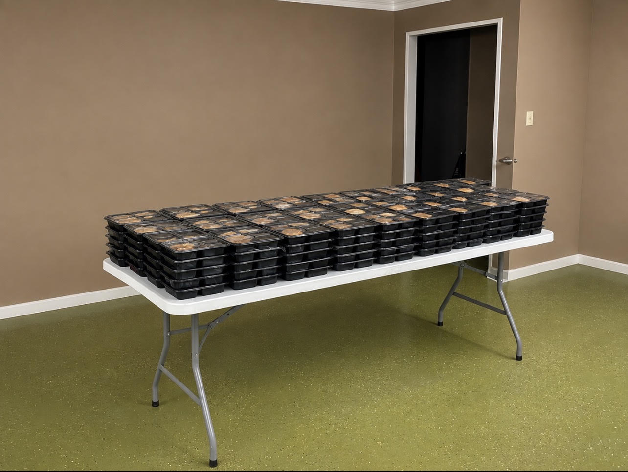 Packaged meals organized for community distribution